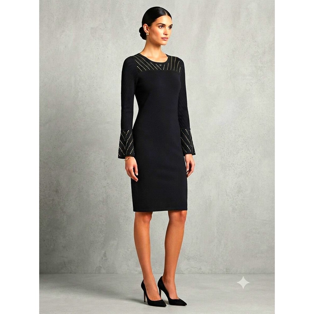 Calvin Klein Black Embellished Dress With Long Bell Sleeves